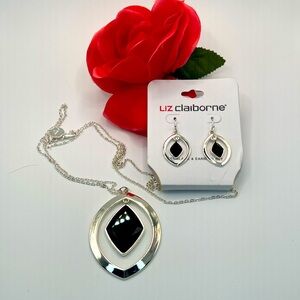 Liz Claiborne Silver and Black Necklace and Earrings Set NWT